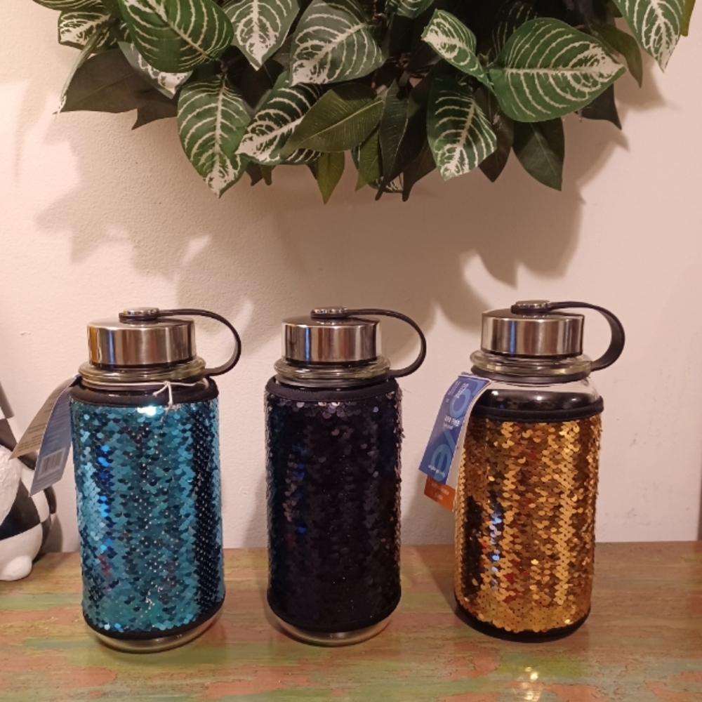 3 - 31oz. Glass Drinking Bottles With  Sequin Cover PBA free. Blue Black & Gold